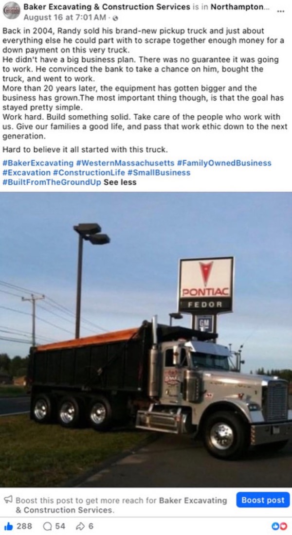 Baker Excavating and Construction Services post by Logan Graves, a dump truck on a job site