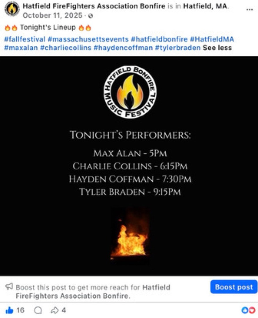 Hatfield Bonfire post by Logan Graves, the night's performer lineup