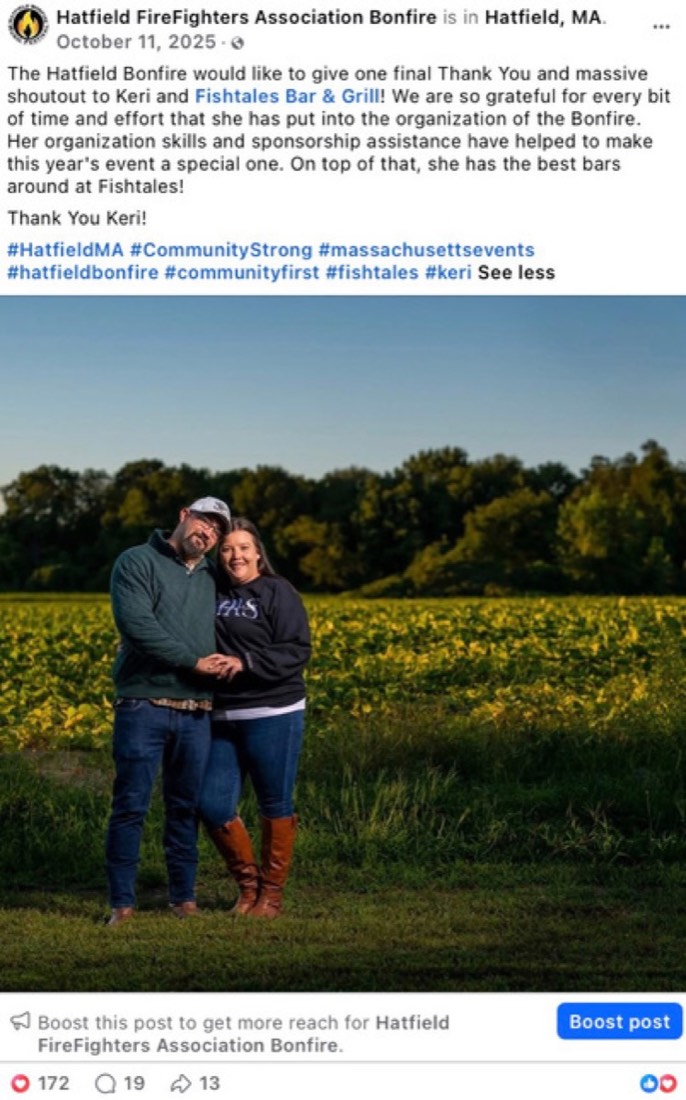 Hatfield Bonfire post by Logan Graves, a couple at the event at sunset
