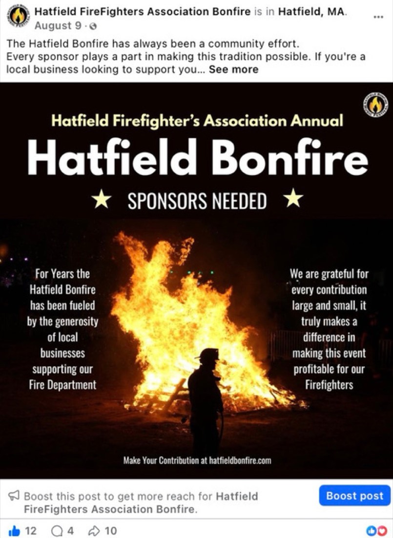 Hatfield Bonfire post by Logan Graves, a sponsors-needed poster