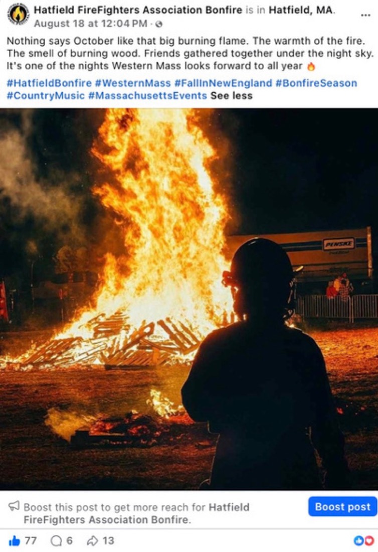 Hatfield Bonfire post by Logan Graves, the bonfire burning at night