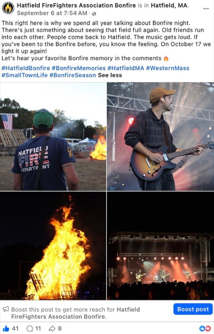 Hatfield Bonfire post by Logan Graves, the fire and a live band