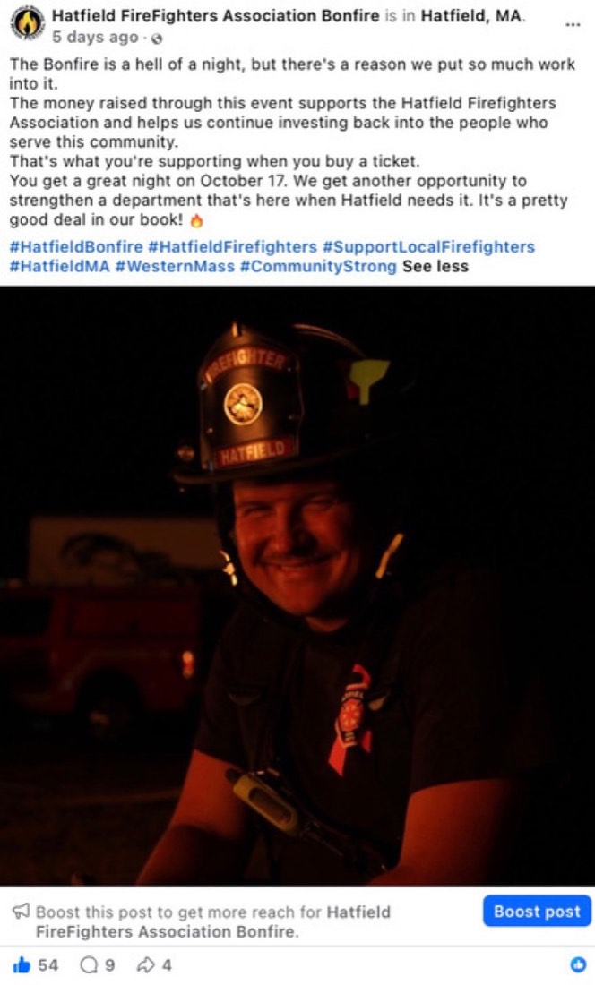 Hatfield Bonfire post by Logan Graves, a firefighter at the event at night