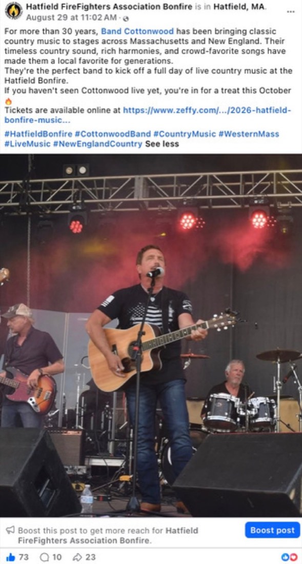 Hatfield Bonfire post by Logan Graves, a musician on stage