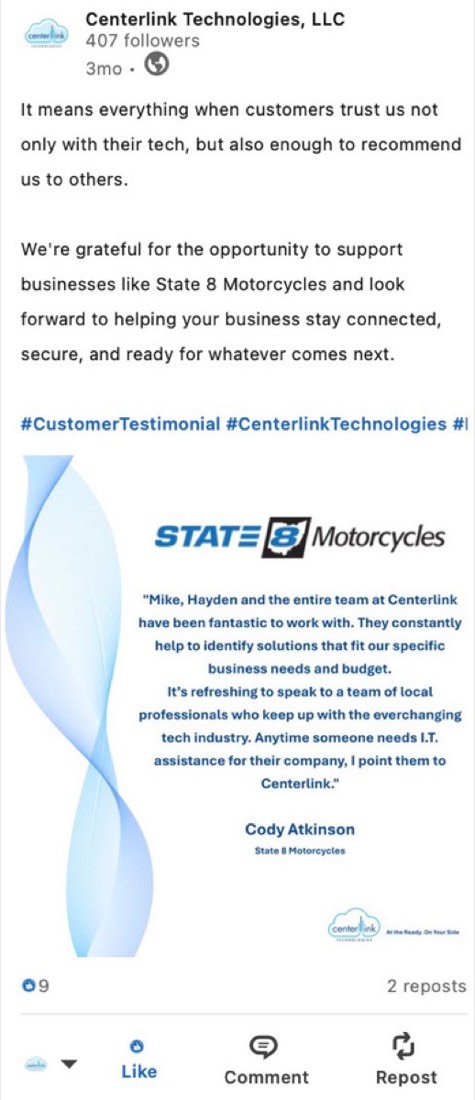 Centerlink Technologies post by Logan Graves, a partner testimonial graphic