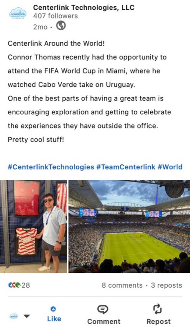 Centerlink Technologies post by Logan Graves, a team member at a World Cup match