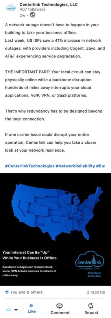 Centerlink Technologies post by Logan Graves, an educational graphic with a map of the United States