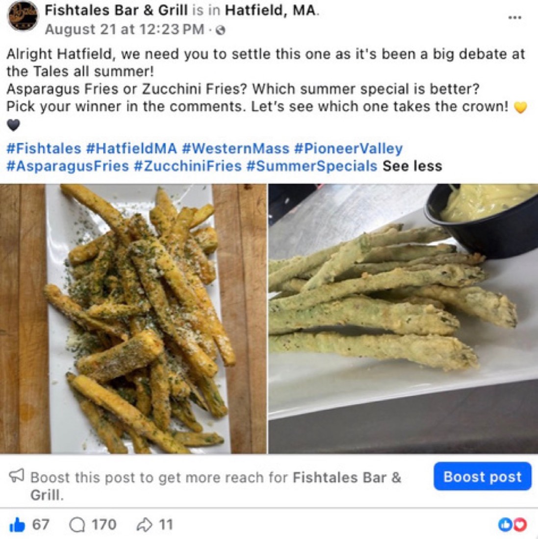Fishtales Bar and Grill post by Logan Graves, two summer specials side by side asking which one wins
