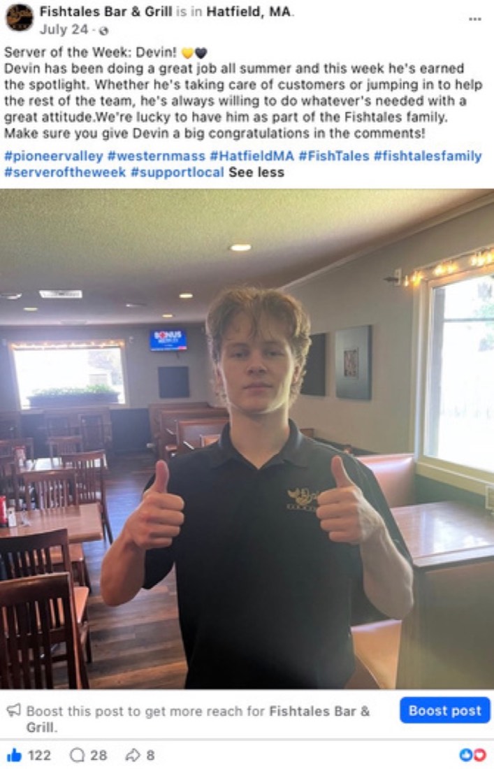 Fishtales Bar and Grill post by Logan Graves, an employee spotlight