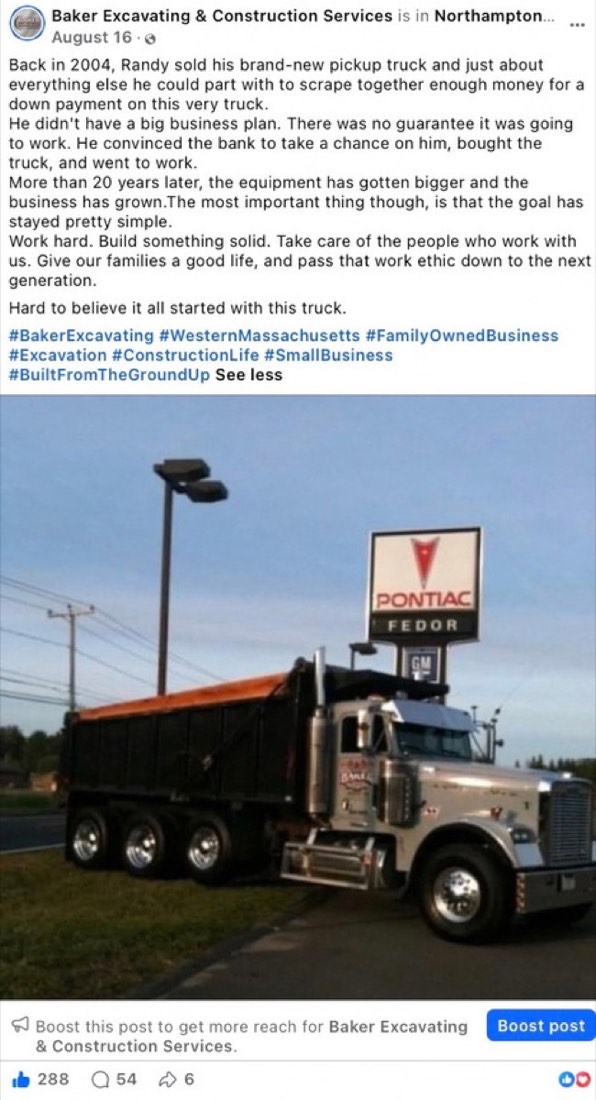 Baker Excavating and Construction Services post by Logan Graves, the story of Randy Baker's business with a photo of a company truck