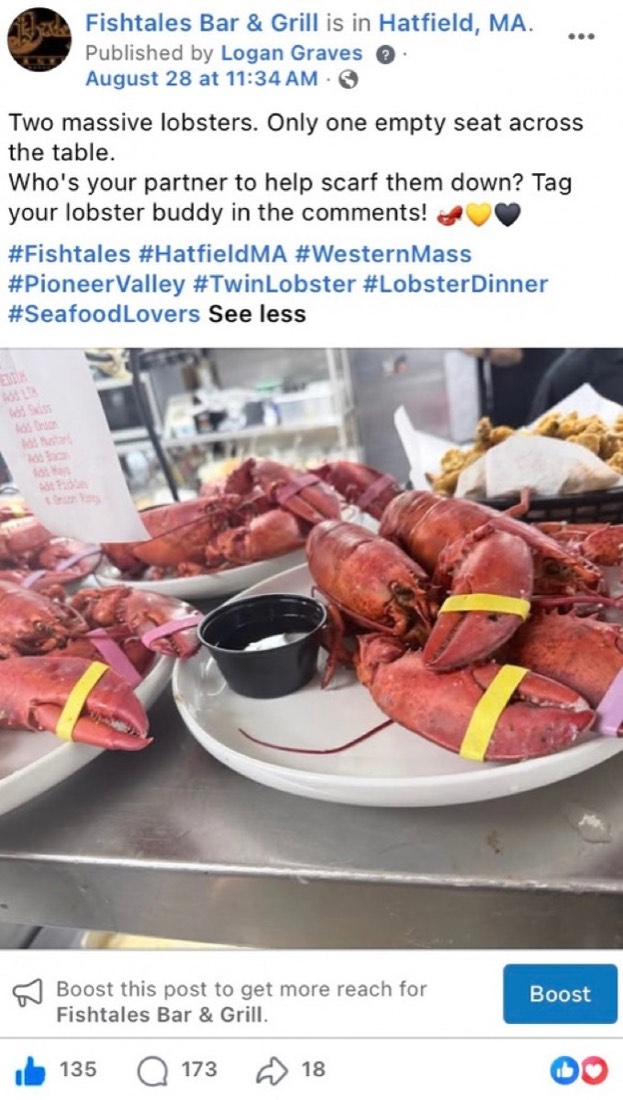 Fishtales Bar and Grill post by Logan Graves, a real photo of the seafood special with a prompt to tag a friend