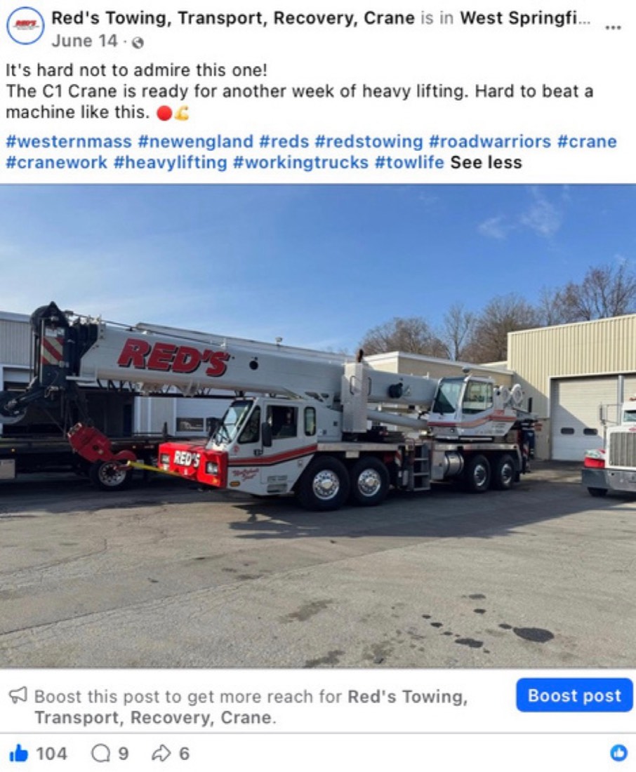 Red's Towing post by Logan Graves, a crane truck set up on a job site