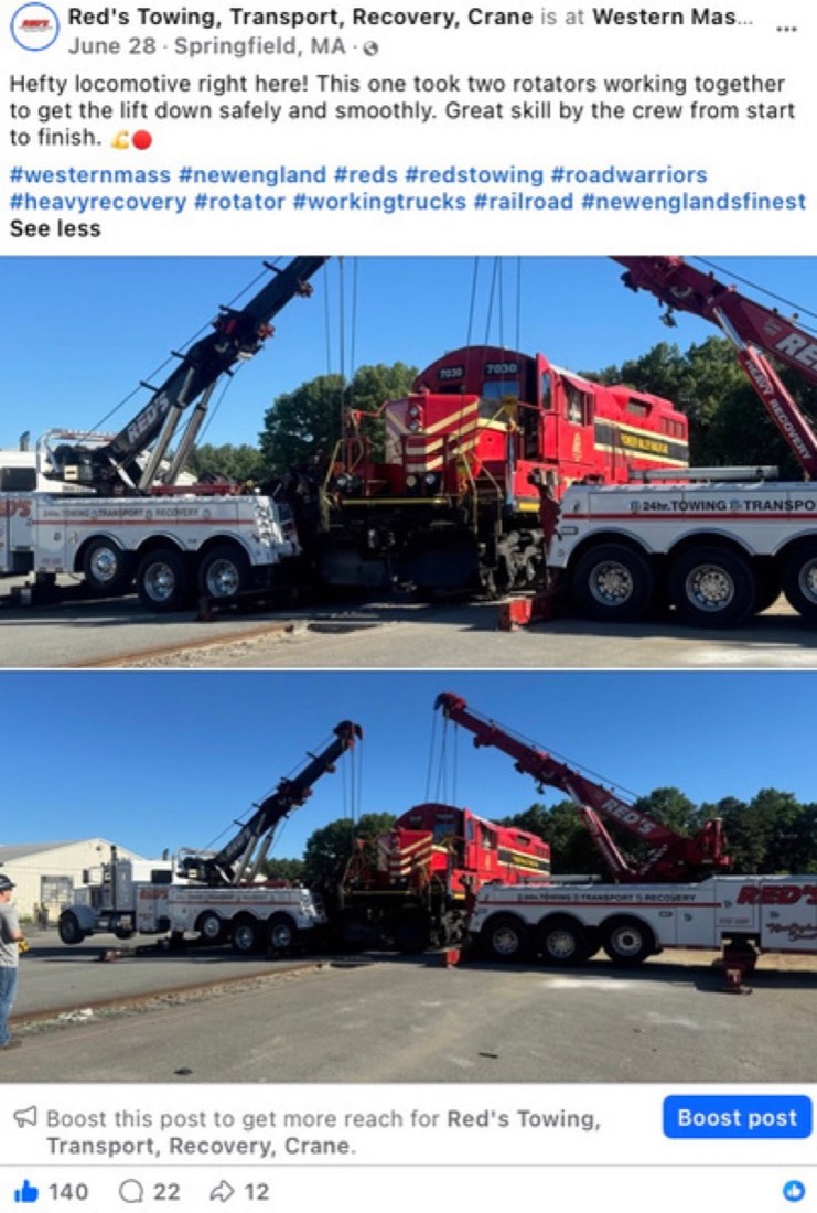 Red's Towing post by Logan Graves, recovery trucks lifting a vehicle