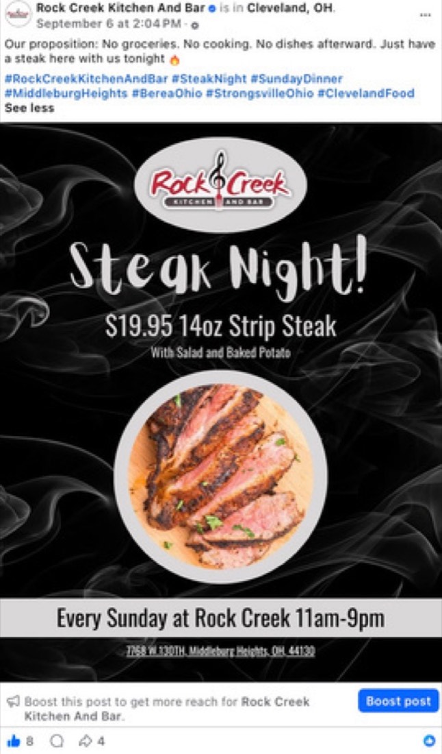 Rock Creek Kitchen and Bar post by Logan Graves, a Steak Night flyer