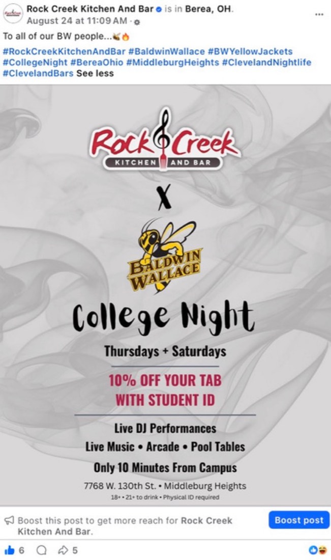 Rock Creek Kitchen and Bar post by Logan Graves, a College Night flyer