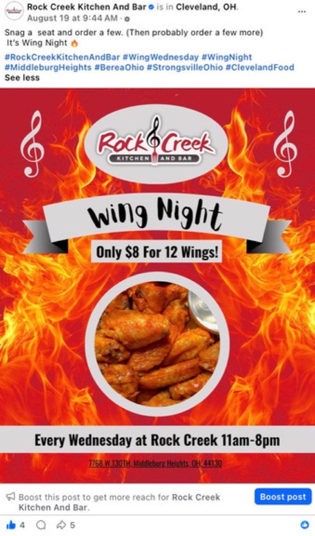 Rock Creek Kitchen and Bar post by Logan Graves, a Wing Night flyer