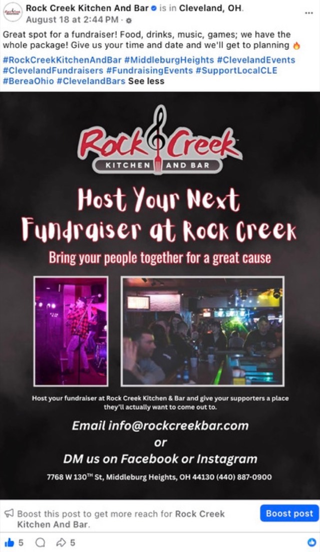 Rock Creek Kitchen and Bar post by Logan Graves, a fundraiser night flyer